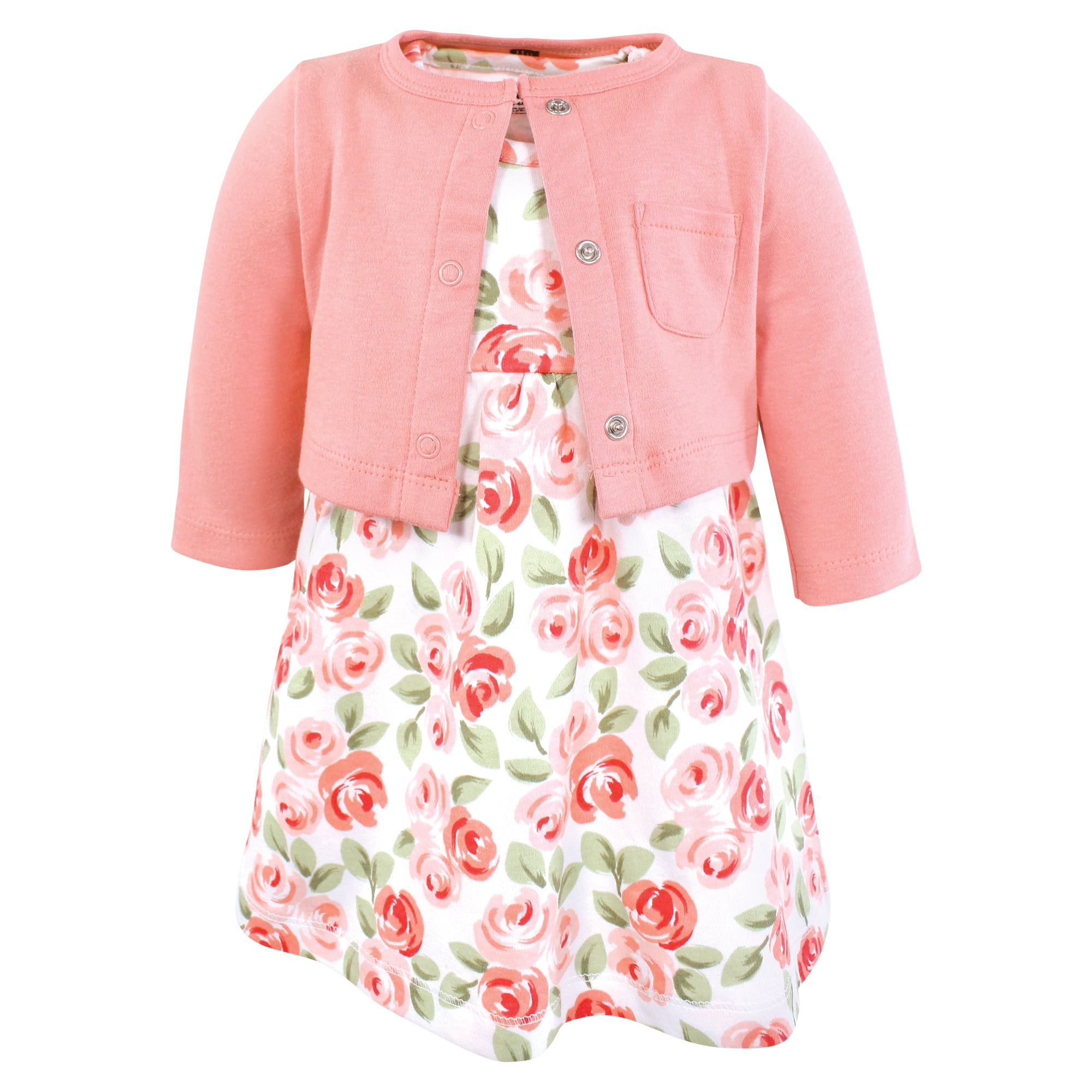 Hudson Baby Infant and Toddler Girls Cotton Dress and Cardigan Set, Coral Floral, 5T