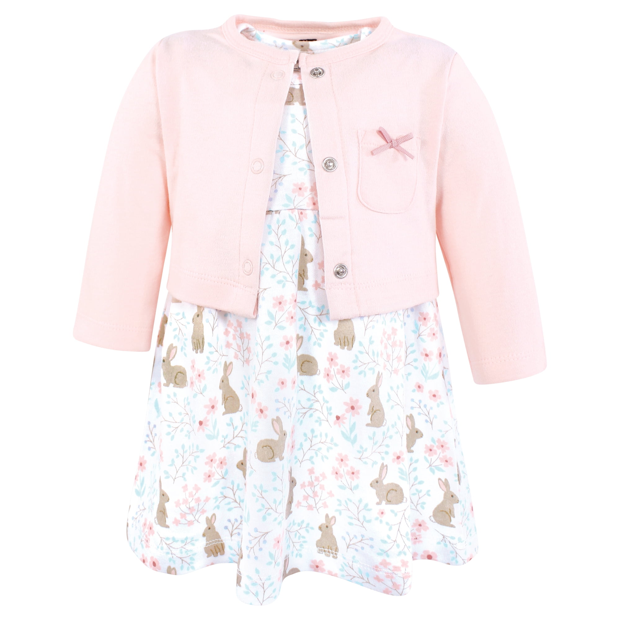 Hudson Baby Infant and Toddler Girls Cotton Dress and Cardigan Set, Floral Bunnies, 0-3 Months