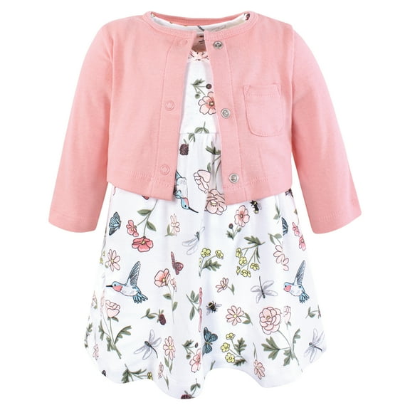 Hudson Baby Infant and Toddler Girls Cotton Dress and Cardigan Set, Hummingbird Garden, 0-3 Months