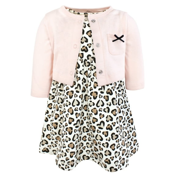 Hudson Baby Infant and Toddler Girls Cotton Dress and Cardigan Set, Leopard Hearts, 0-3 Months