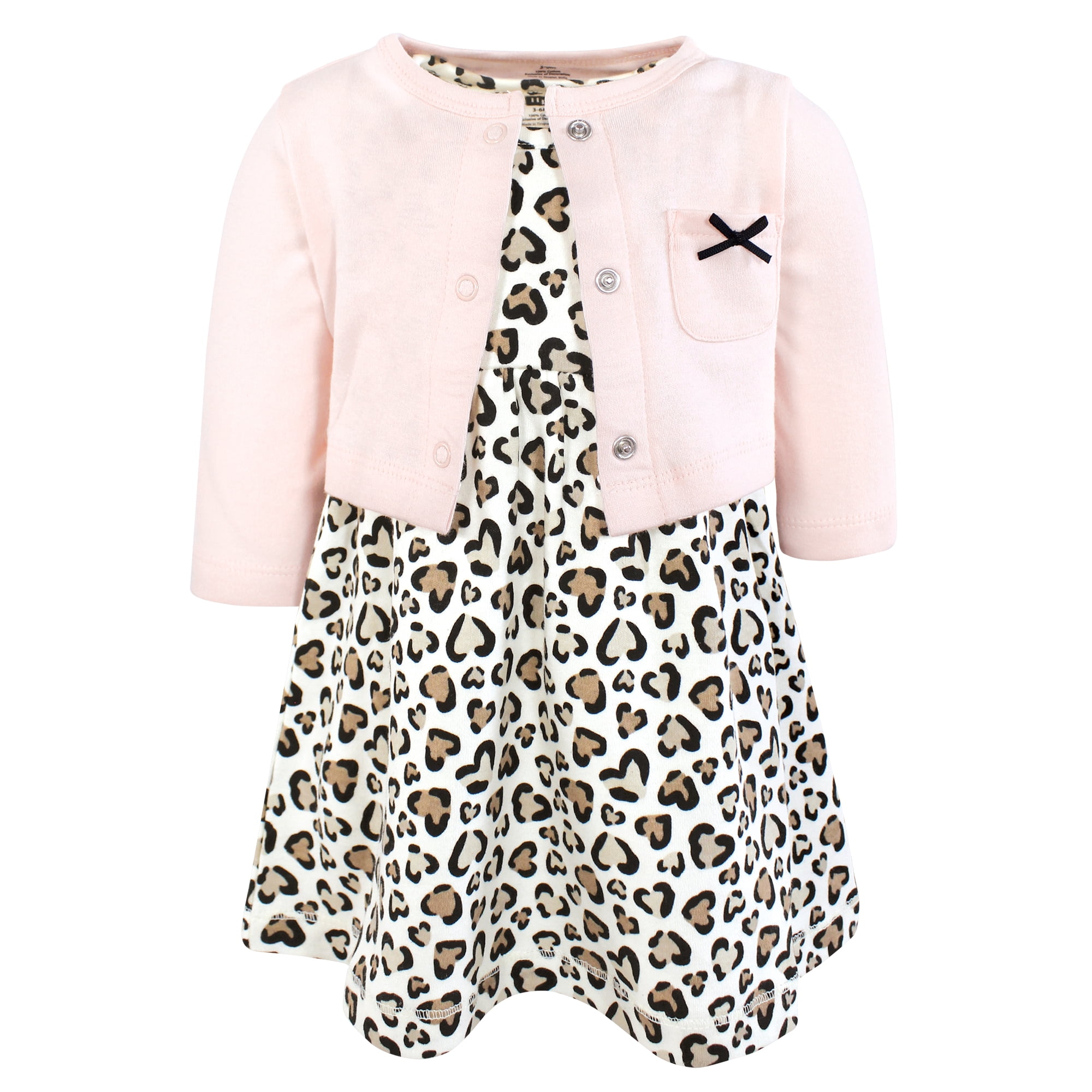 Hudson Baby Infant and Toddler Girls Cotton Dress and Cardigan Set, Leopard Hearts, 18-24 Months