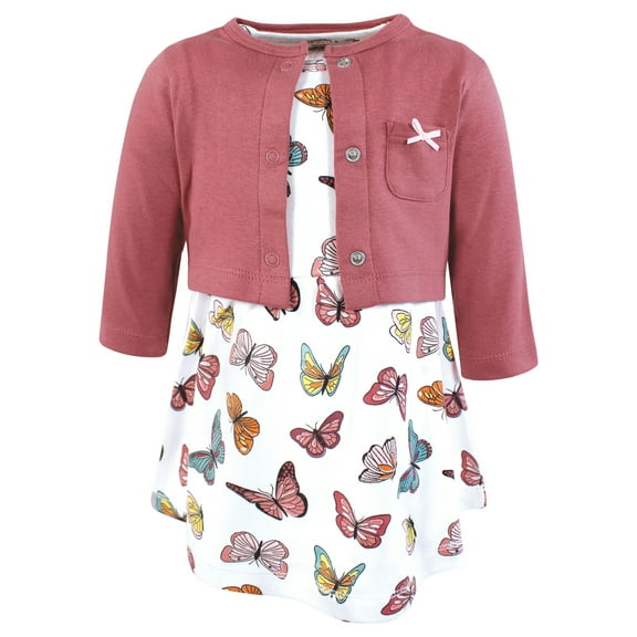 Hudson Baby Infant and Toddler Girls Cotton Dress and Cardigan Set, Mauve Butterflies, 0-3 Months