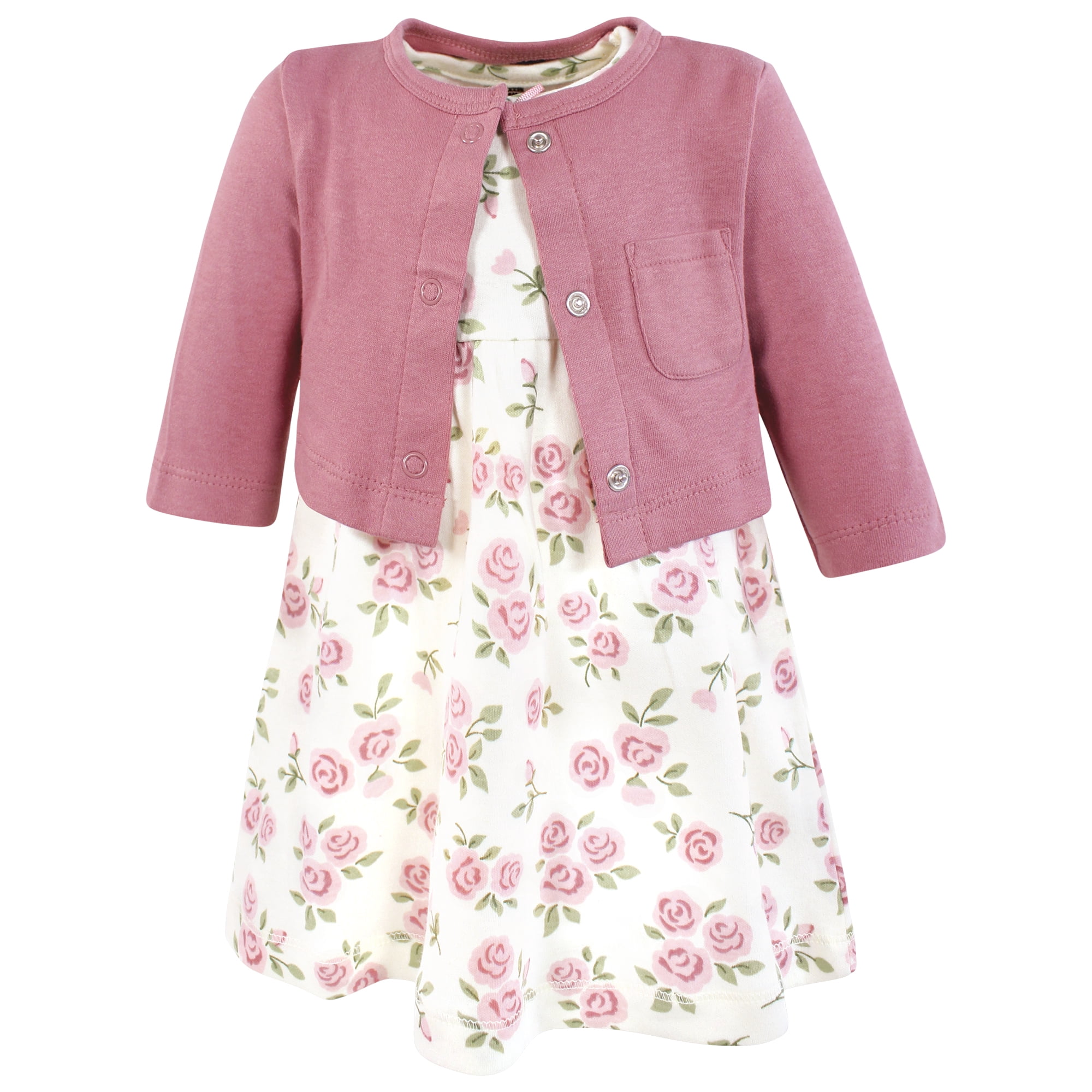 Hudson Baby Infant and Toddler Girls Cotton Dress and Cardigan Set, Mauve Sage Rose, 2T
