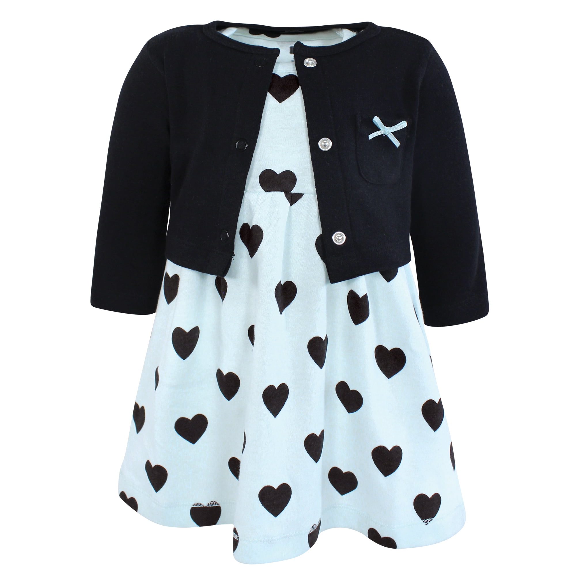 Hudson Baby Infant and Toddler Girls Cotton Dress and Cardigan Set, Mint Black Heart, 2T