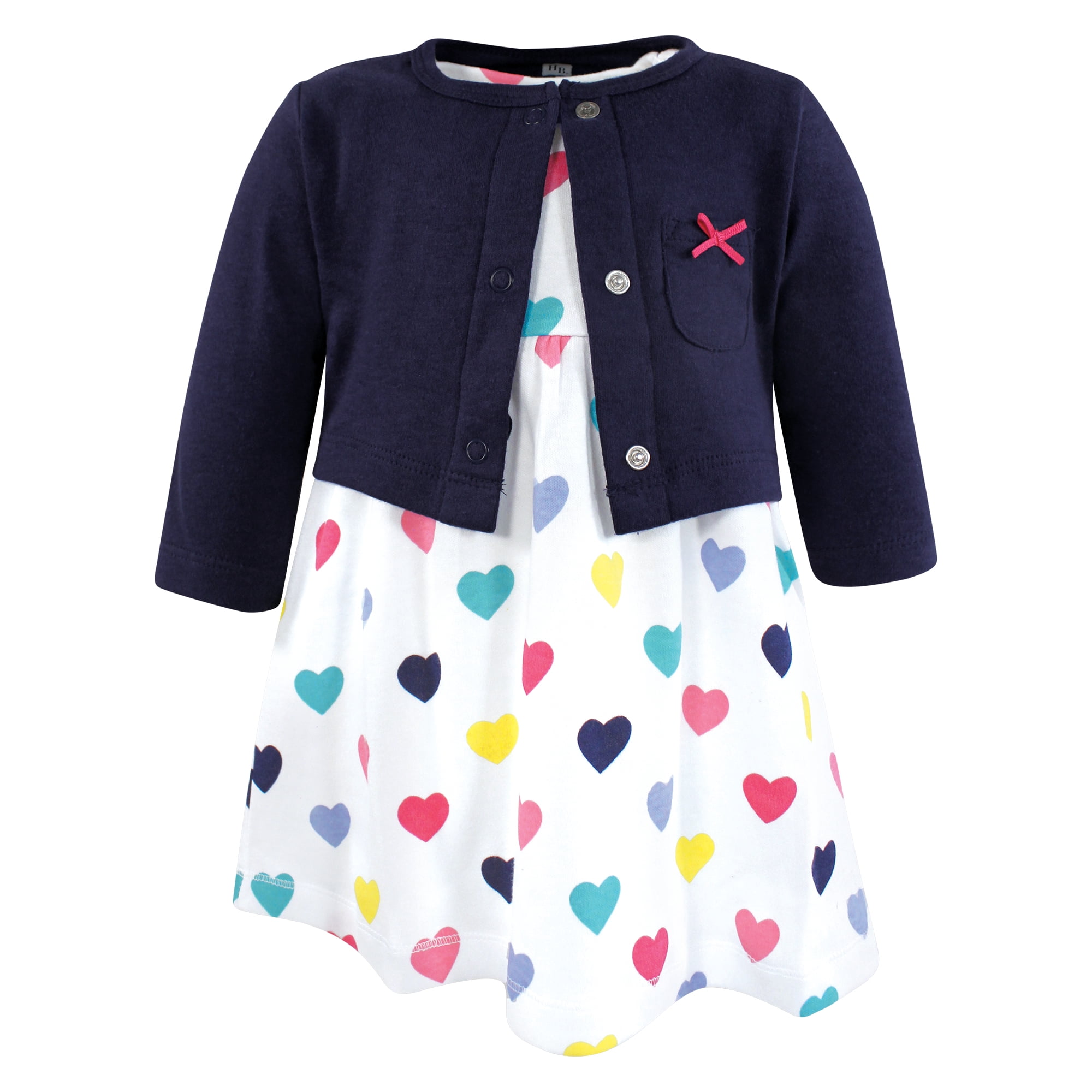 Hudson Baby Infant and Toddler Girls Cotton Dress and Cardigan Set, Navy Hearts, 2T
