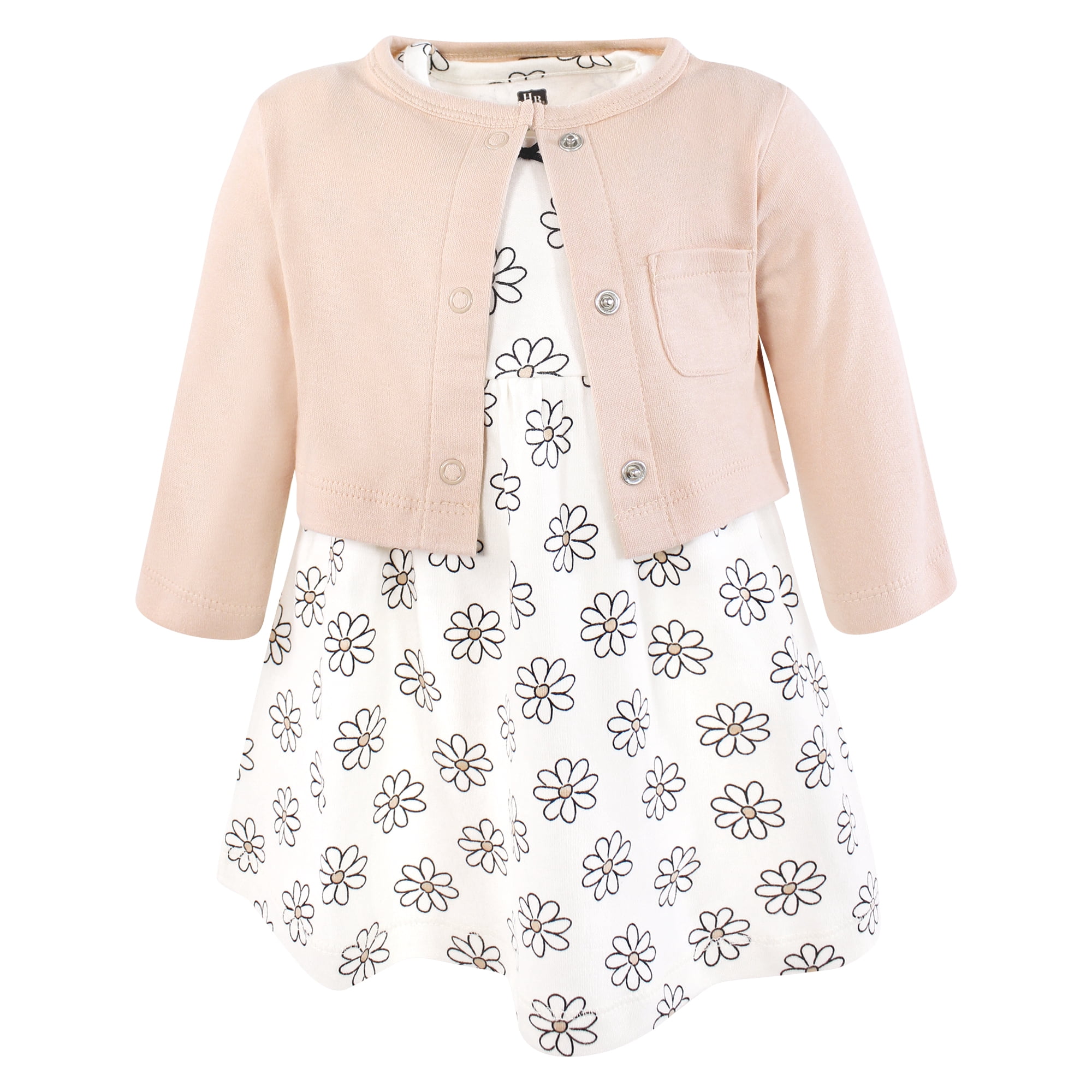 Hudson Baby Infant and Toddler Girls Cotton Dress and Cardigan Set, Neutral Daisy, 3T