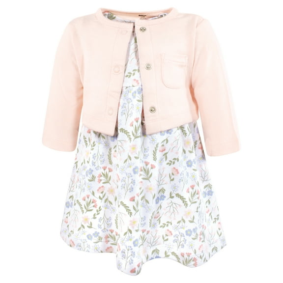 Hudson Baby Infant and Toddler Girls Cotton Dress and Cardigan Set, Pastel Wildflower, 0-3 Months