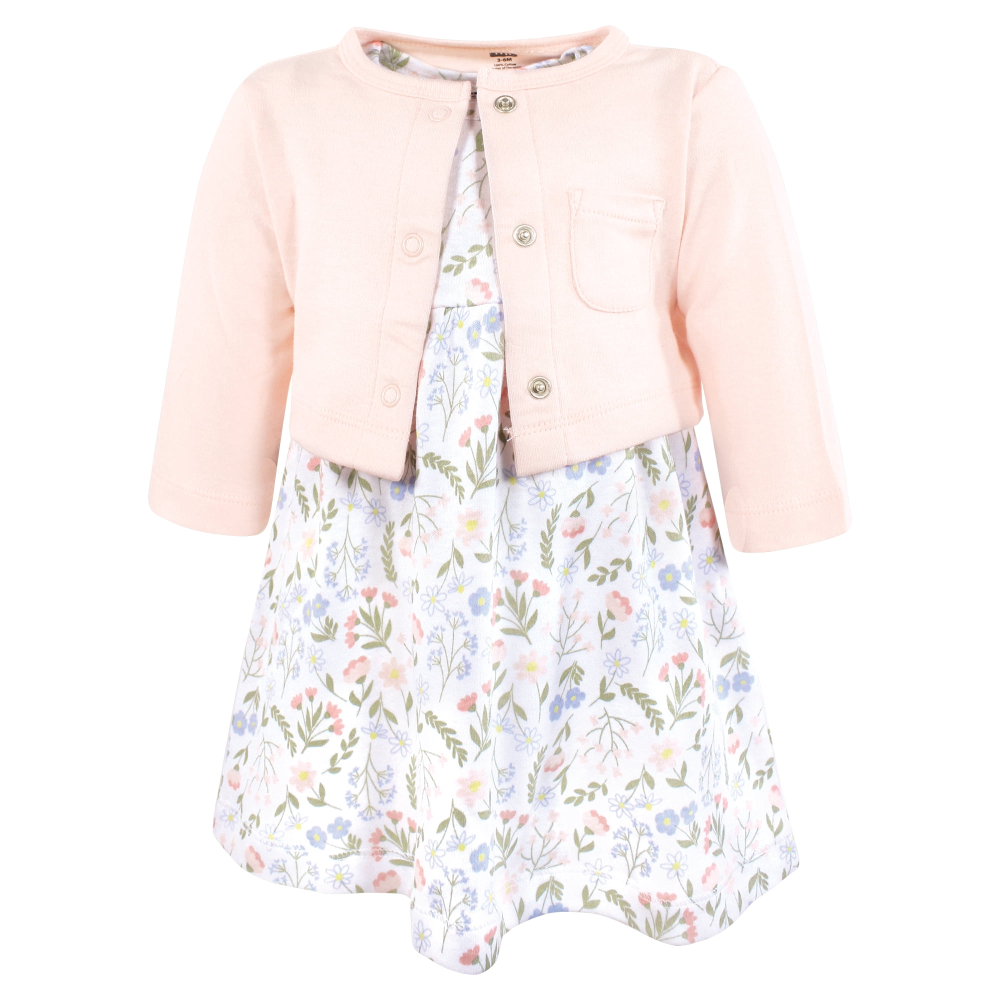 Hudson Baby Infant and Toddler Girls Cotton Dress and Cardigan Set, Pastel Wildflower, 4T