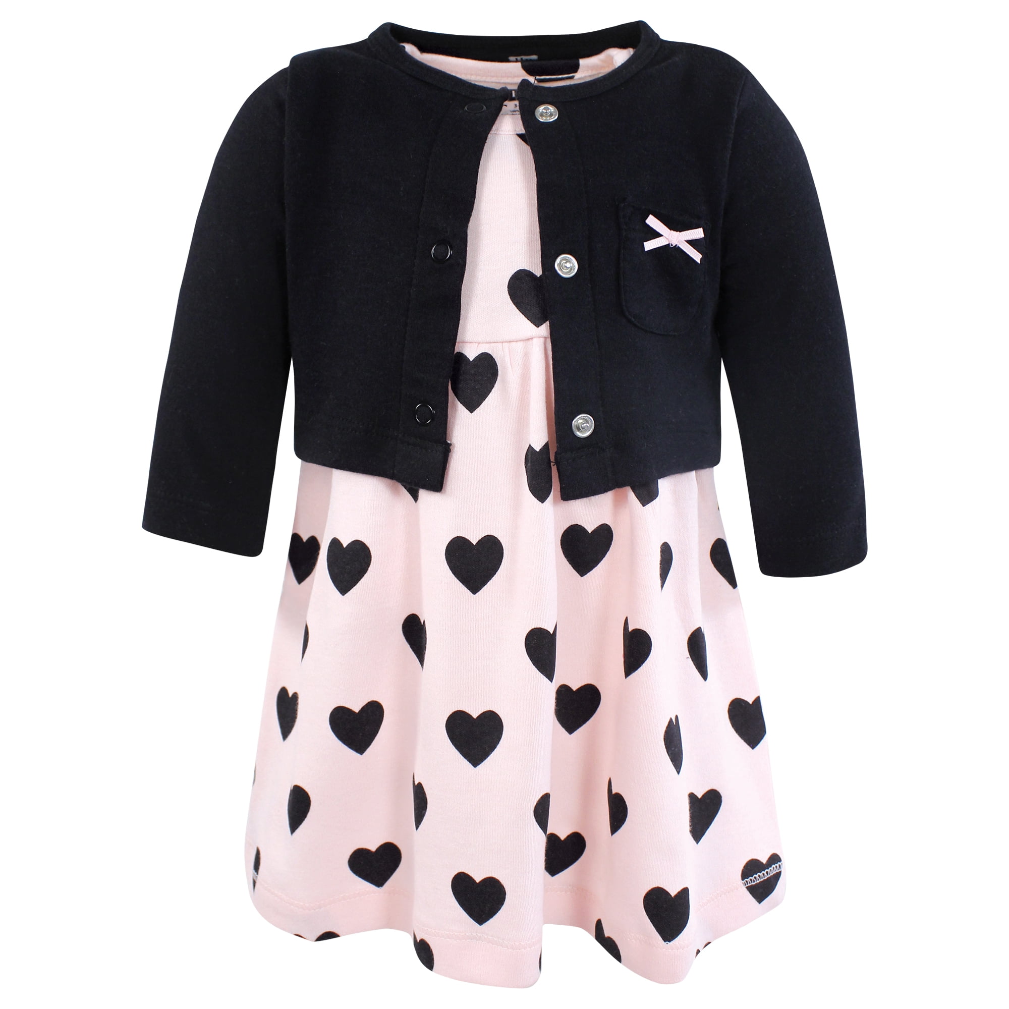 Hudson Baby Infant and Toddler Girls Cotton Dress and Cardigan Set, Pink Black Heart, 6-9 Months