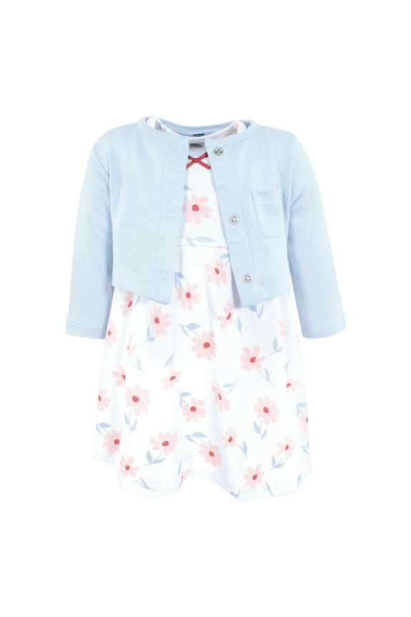 Infant and Toddler Girls Cotton Dress and Cardigan Set, Pink Blue Flower, 5T