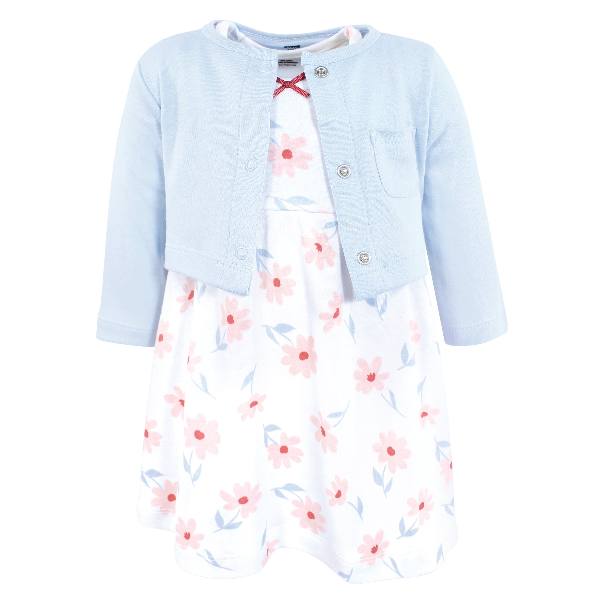 Hudson Baby Infant and Toddler Girls Cotton Dress and Cardigan Set, Pink Blue Flower, 9-12 Months