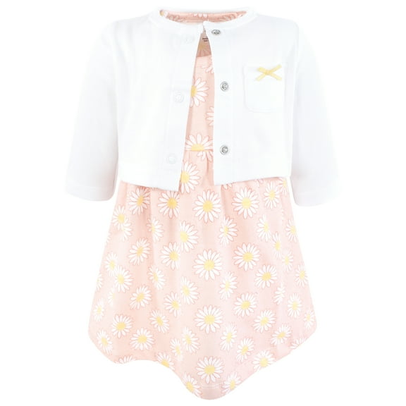 Hudson Baby Infant and Toddler Girls Cotton Dress and Cardigan Set, Pink Daisy, 0-3 Months
