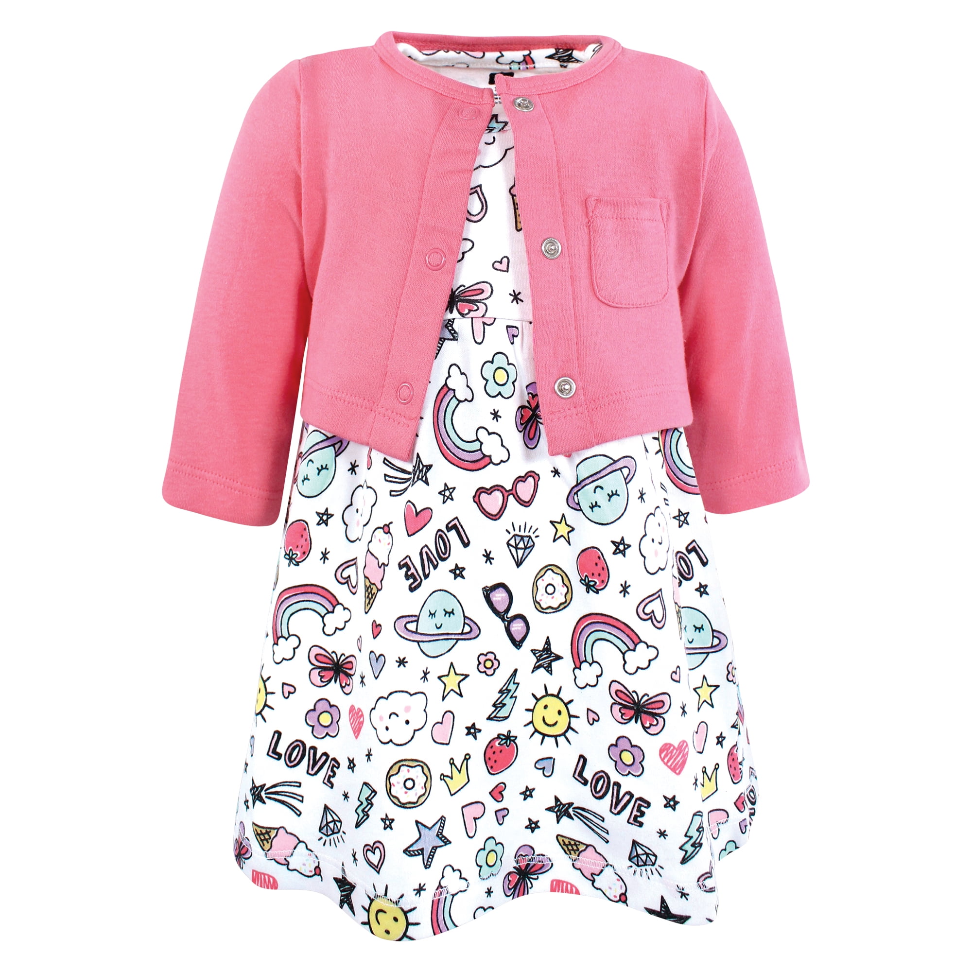 Hudson Baby Infant and Toddler Girls Cotton Dress and Cardigan Set, Pink Doodles, 4T