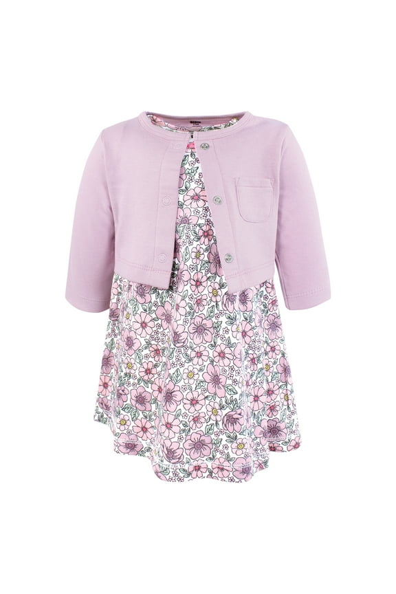 Infant and Toddler Girls Cotton Dress and Cardigan Set, Pink Purple Pretty Floral, 12-18 Months