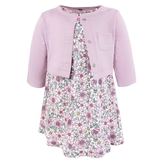 Hudson Baby Infant and Toddler Girls Cotton Dress and Cardigan Set, Pink Purple Pretty Floral, 3-6 Months