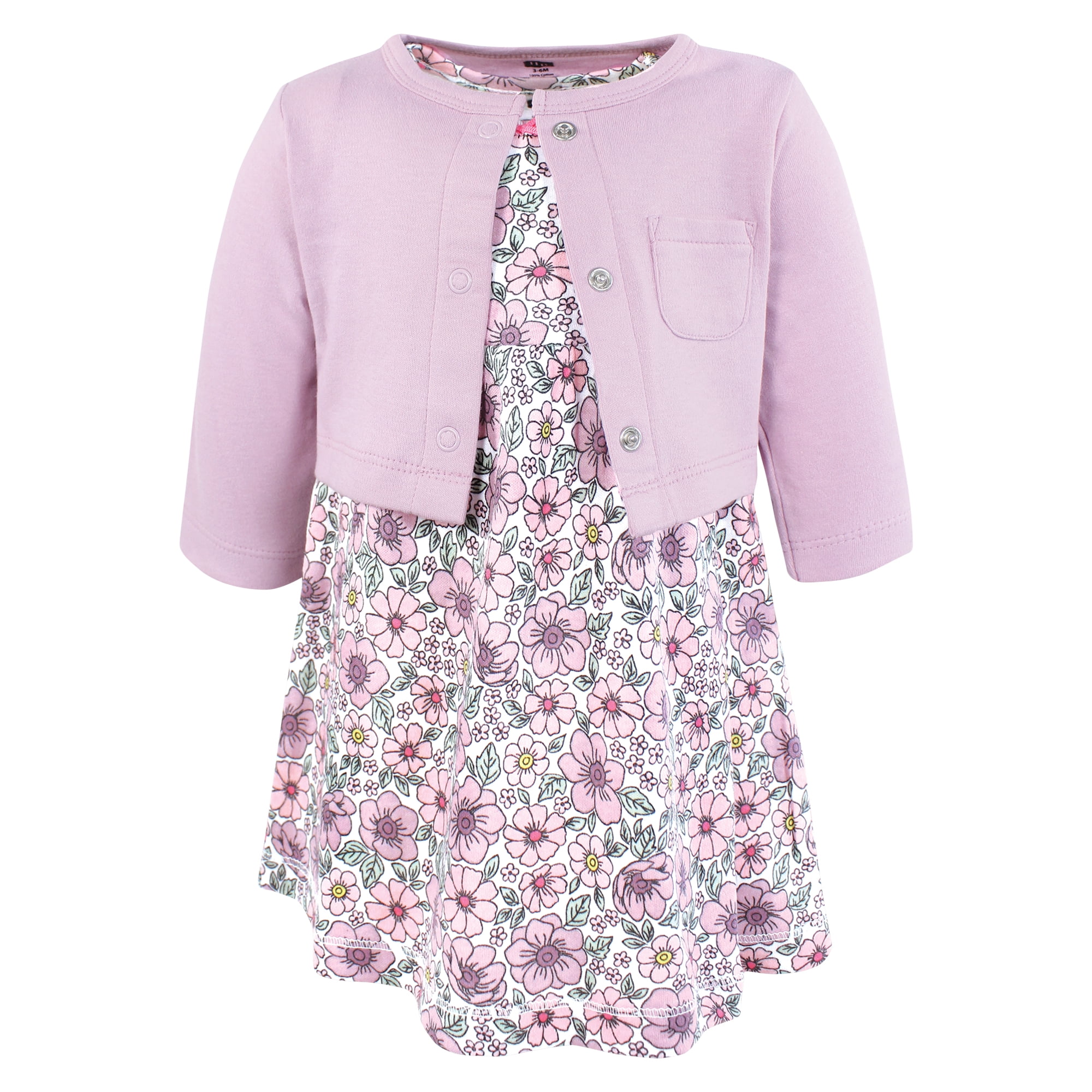 Hudson Baby Infant and Toddler Girls Cotton Dress and Cardigan Set, Pink Purple Pretty Floral, 3T