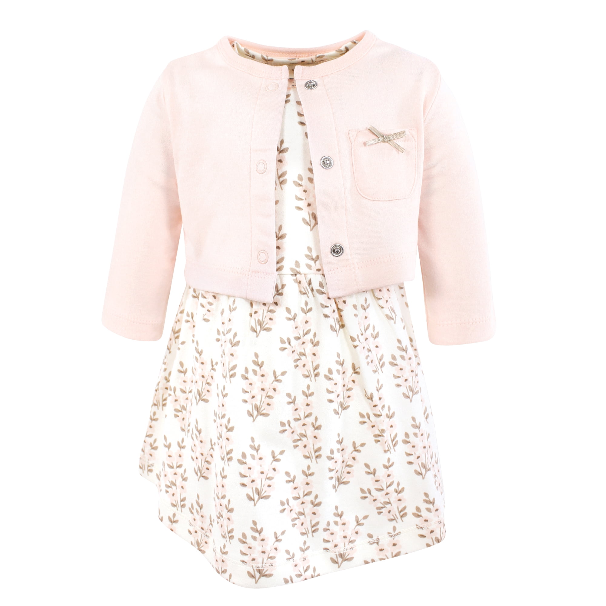 Hudson Baby Infant and Toddler Girls Cotton Dress and Cardigan Set, Pink Taupe Floral, 3T