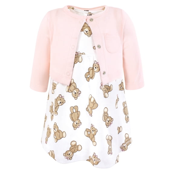 Hudson Baby Infant and Toddler Girls Cotton Dress and Cardigan Set, Pink Teddy Bears, 0-3 Months