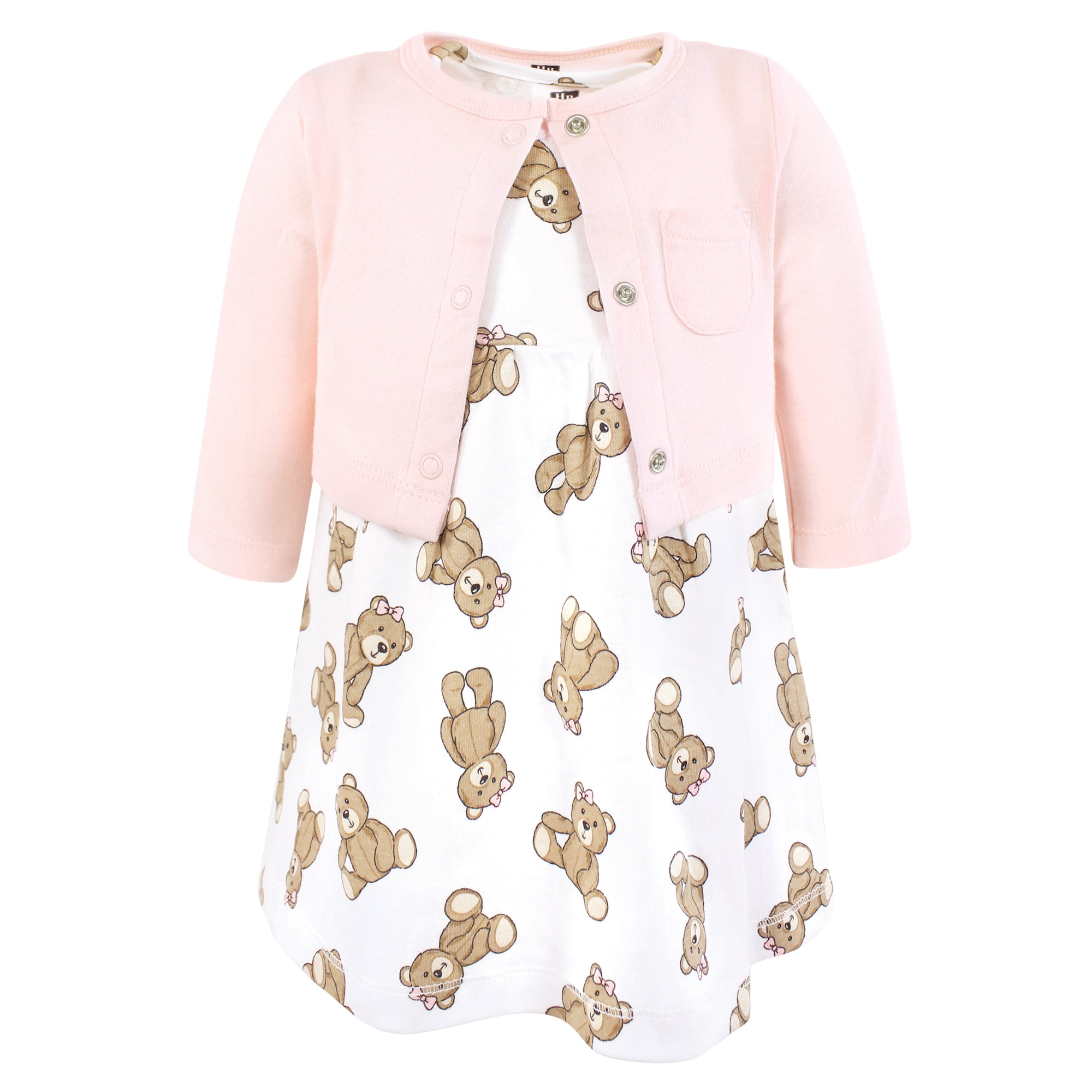 Hudson Baby Infant and Toddler Girls Cotton Dress and Cardigan Set, Pink Teddy Bears, 12-18 Months