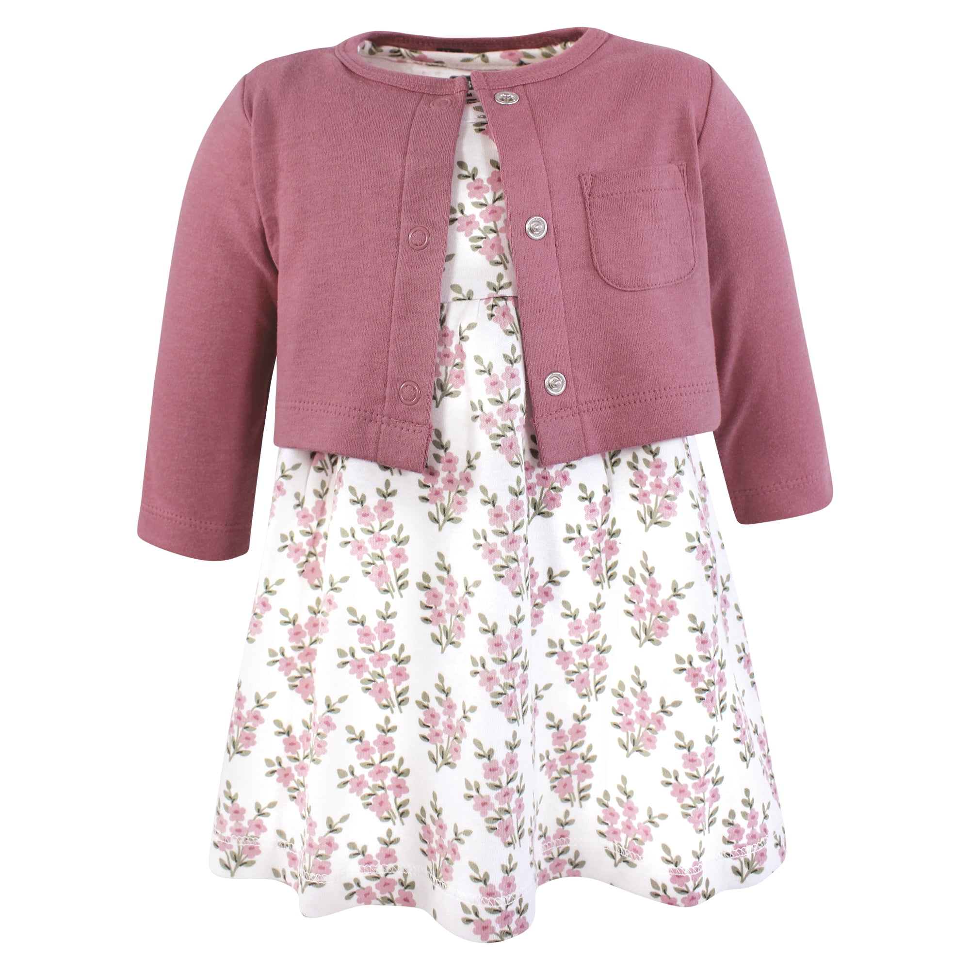Hudson Baby Infant and Toddler Girls Cotton Dress and Cardigan Set, Plum Wildflower, 3T