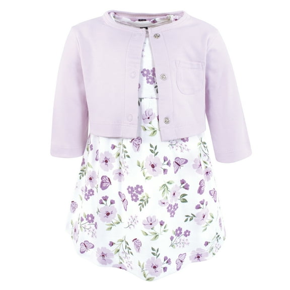 Hudson Baby Infant and Toddler Girls Cotton Dress and Cardigan Set, Purple Butterfly Floral, 0-3 Months