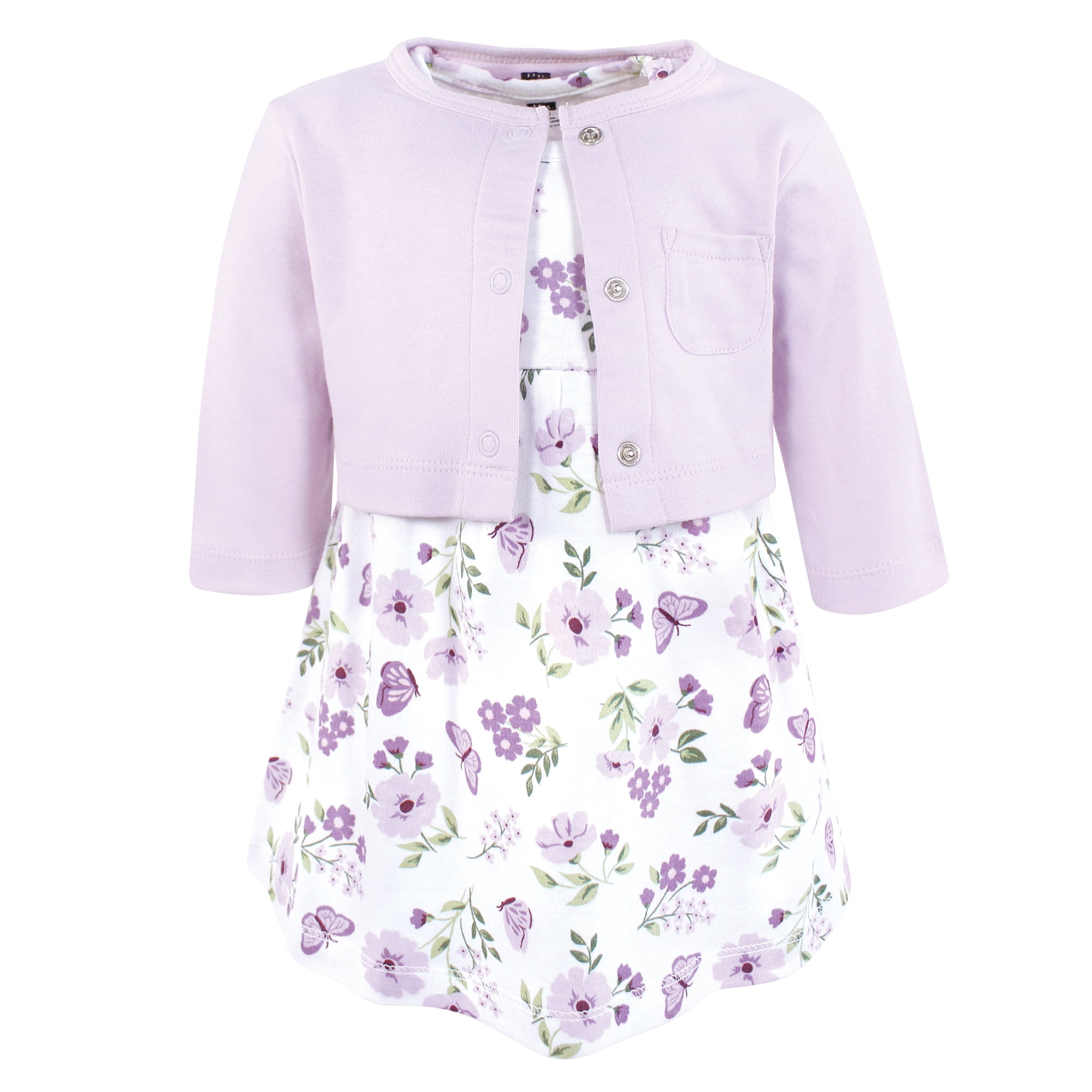 Hudson Baby Infant and Toddler Girls Cotton Dress and Cardigan Set, Purple Butterfly Floral, 2T