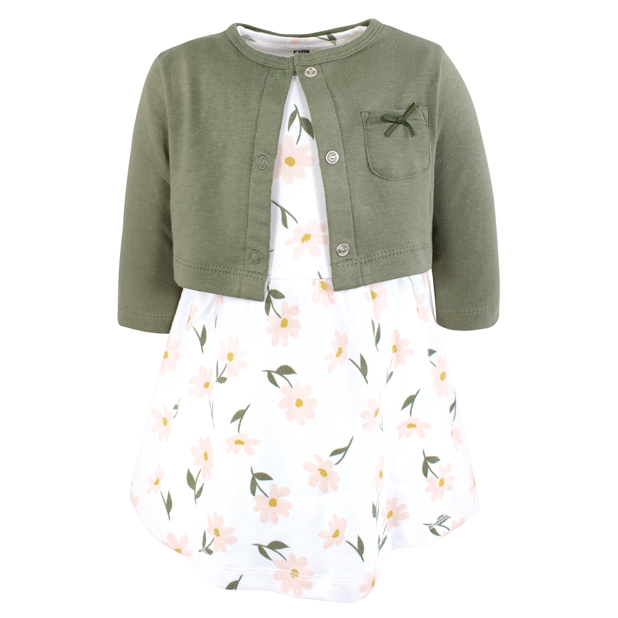 Hudson Baby Infant and Toddler Girls Cotton Dress and Cardigan Set, Sage Floral, 0-3 Months