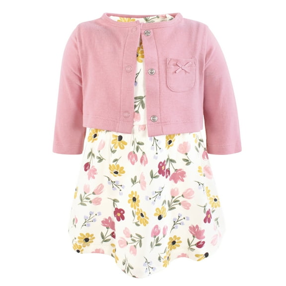 Hudson Baby Infant and Toddler Girls Cotton Dress and Cardigan Set, Soft Painted Floral, 3T