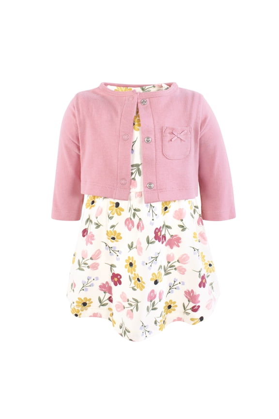 Infant and Toddler Girls Cotton Dress and Cardigan Set, Soft Painted Floral, 9-12 Months
