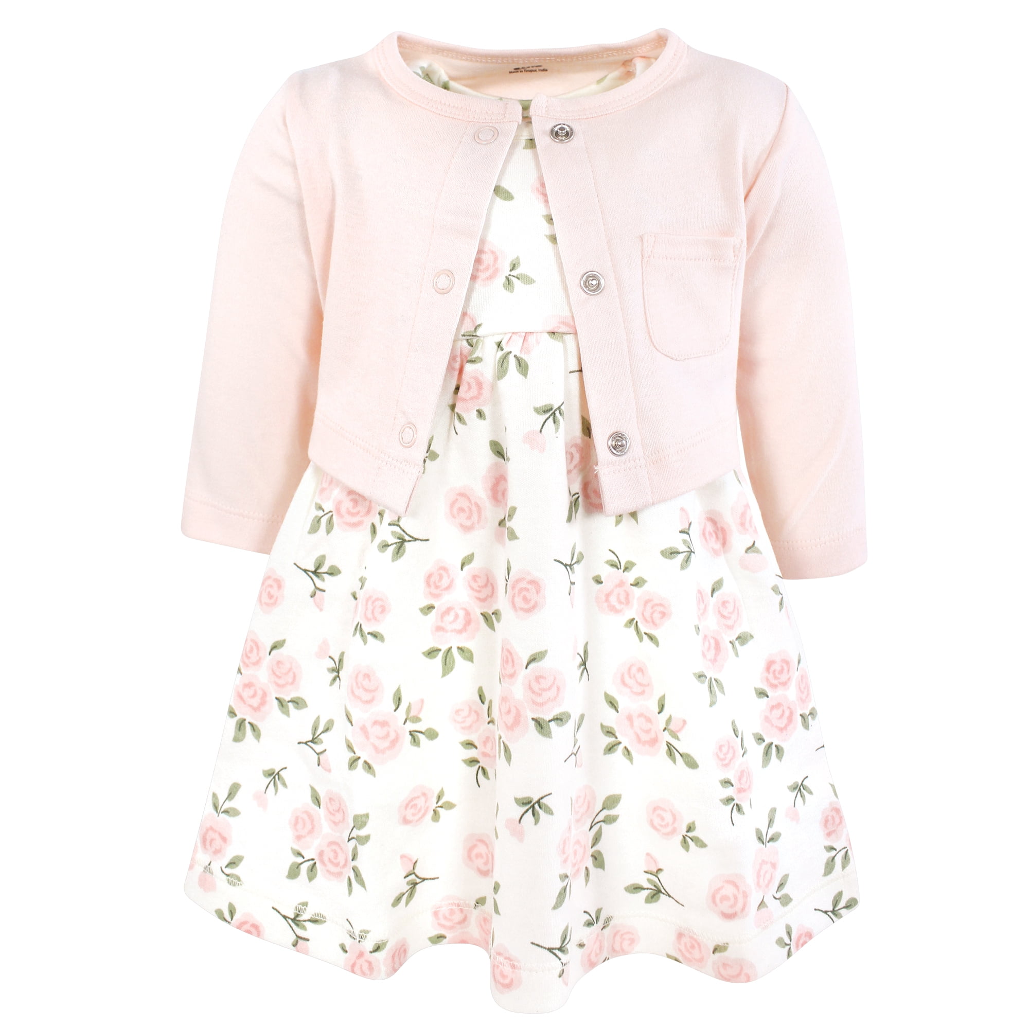 Hudson Baby Infant and Toddler Girls Cotton Dress and Cardigan Set, Soft Pink Sage Rose, 6-9 Months