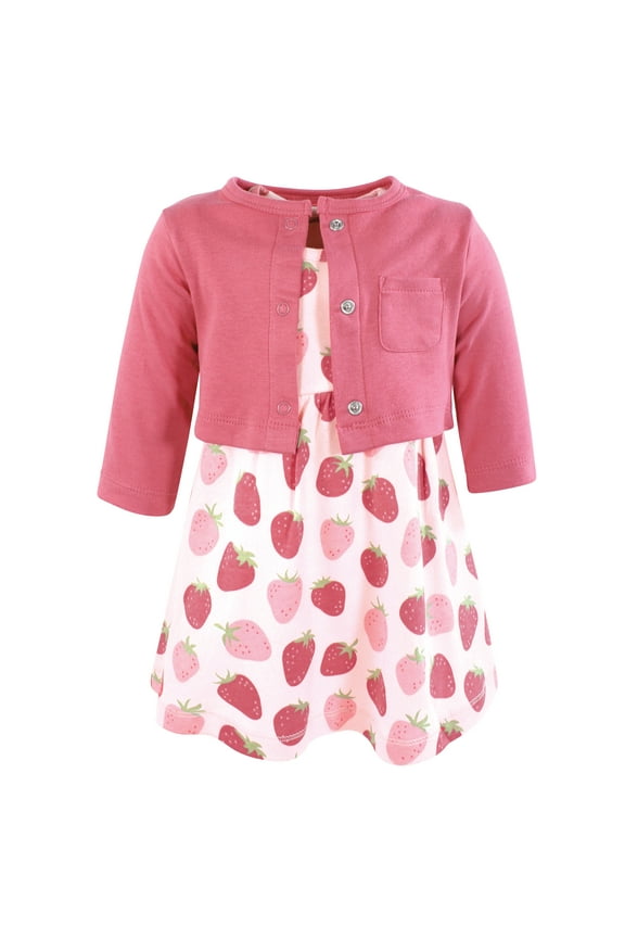 Infant and Toddler Girls Cotton Dress and Cardigan Set, Strawberry Love, 0-3 Months