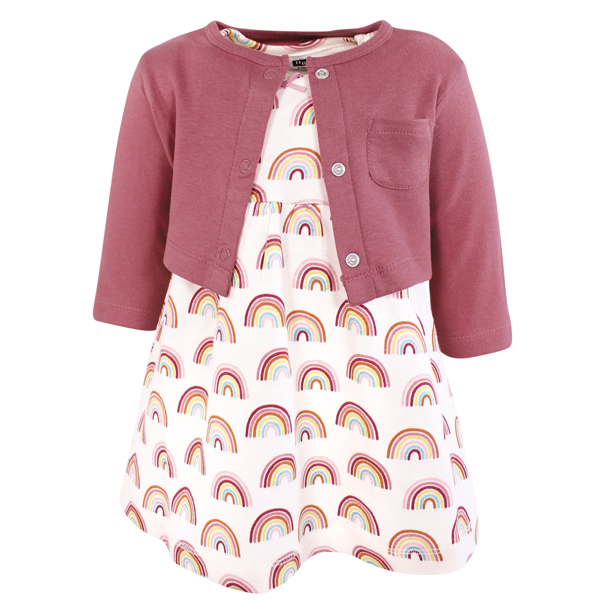 Hudson Baby Infant and Toddler Girls Cotton Dress and Cardigan Set, Sunshine And Rainbows, 3T