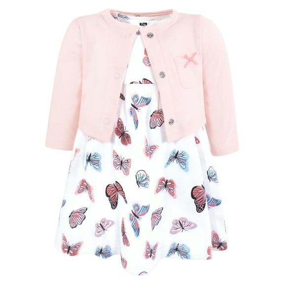 Hudson Baby Infant and Toddler Girls Cotton Dress and Cardigan Set, Sweet Butterflies, 0-3 Months