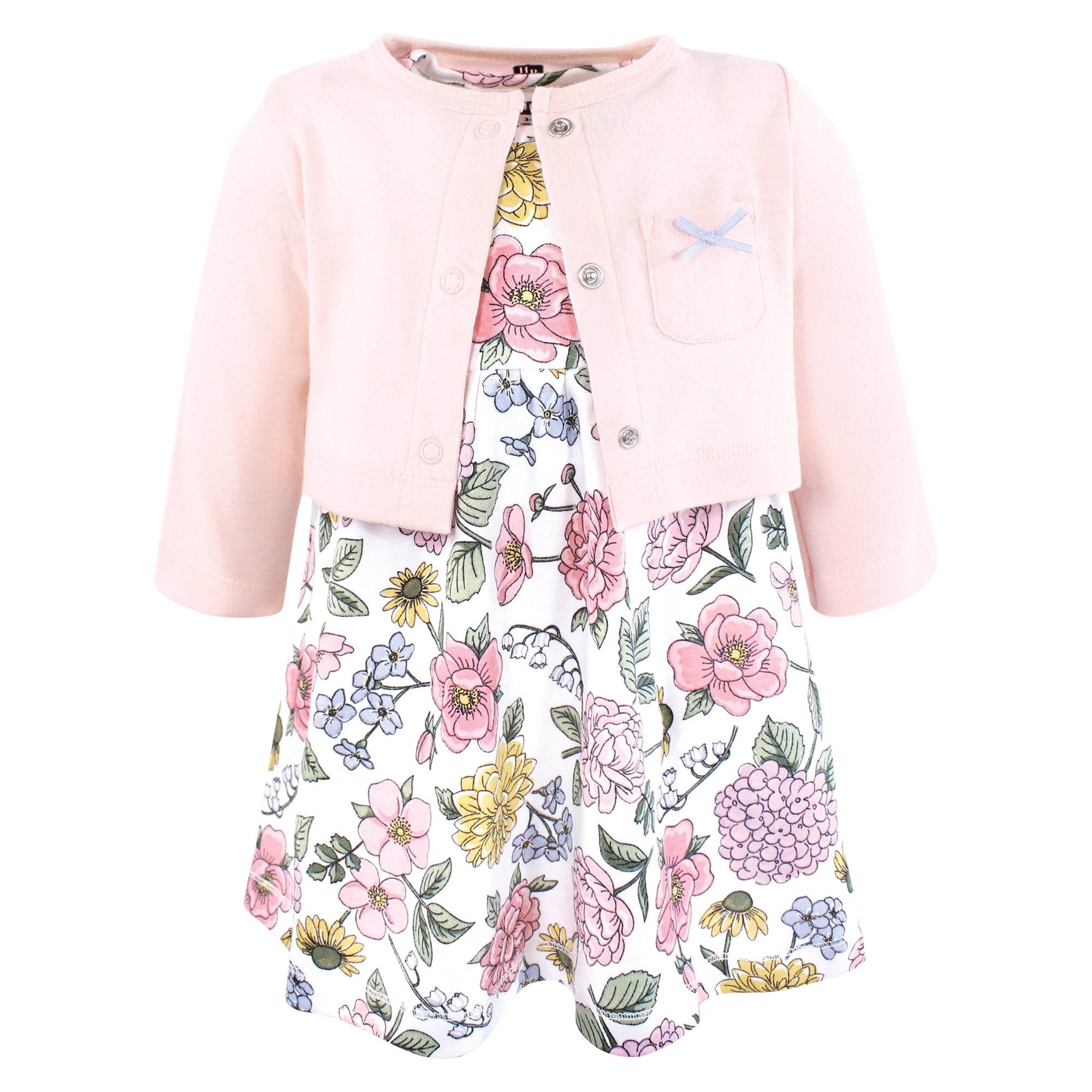 Hudson Baby Infant and Toddler Girls Cotton Dress and Cardigan Set, Vintage Blossom, 4T