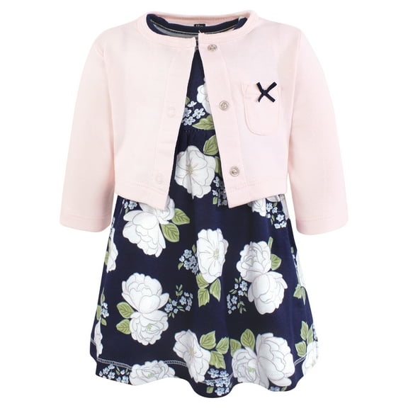 Hudson Baby Infant and Toddler Girls Cotton Dress and Cardigan Set, White Peonies, 0-3 Months