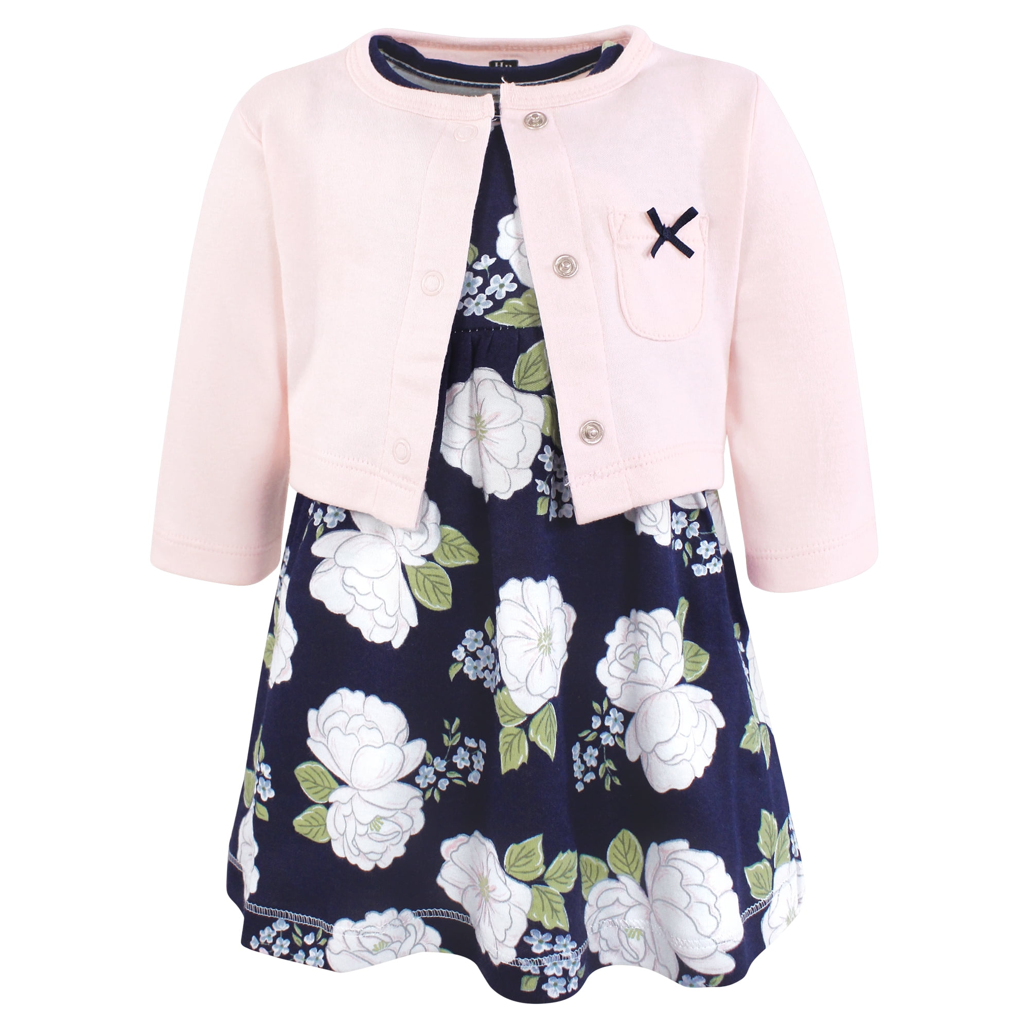 Hudson Baby Infant and Toddler Girls Cotton Dress and Cardigan Set, White Peonies, 4T