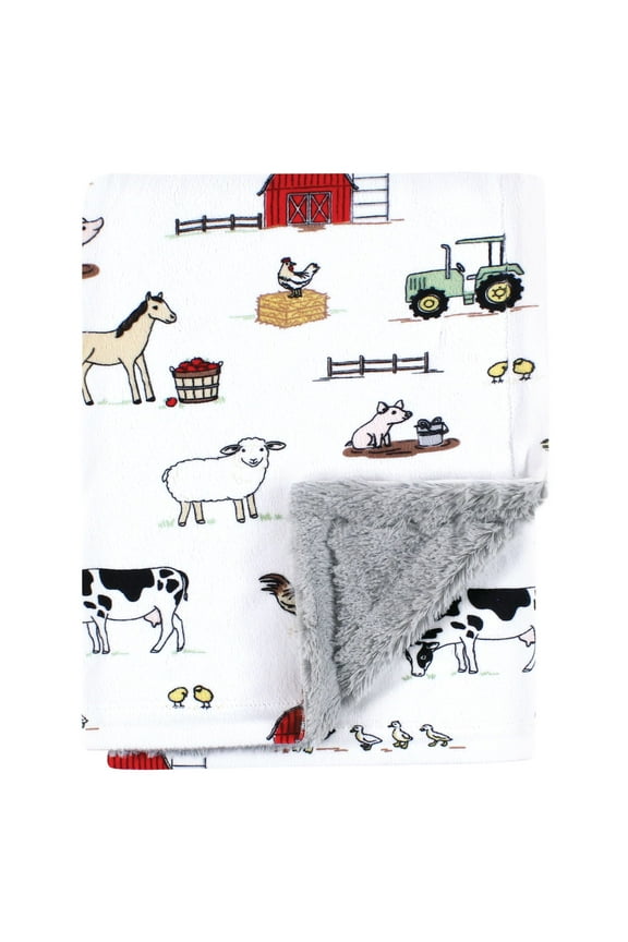 Plush Blanket with Furry Binding and Back, Farm, One Size