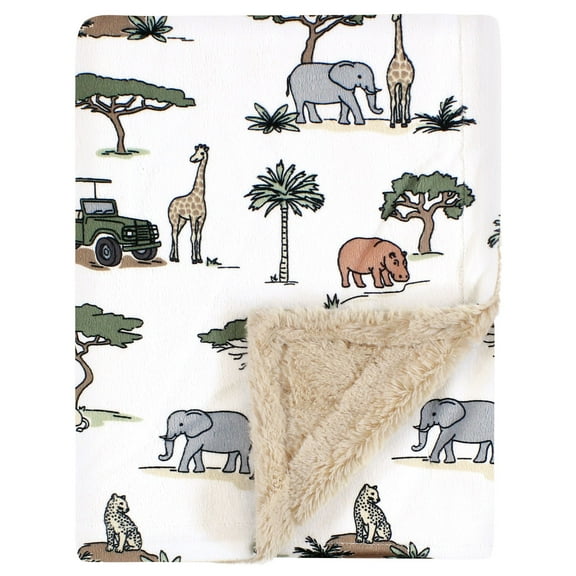 Hudson Baby Plush Blanket with Furry Binding and Back, Going On Safari, One Size