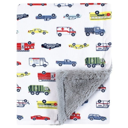 Hudson Baby Plush Blanket with Furry Binding and Back, Going Places, One Size
