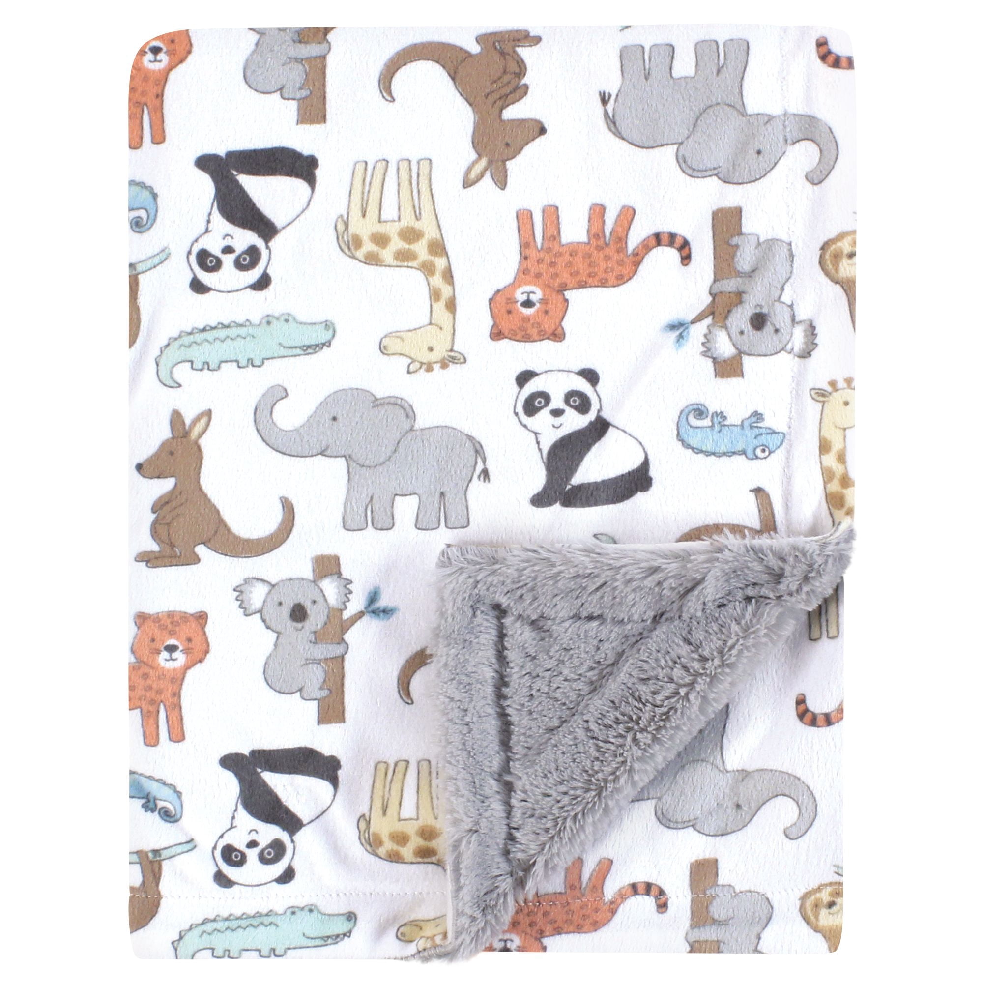 Hudson Baby Plush Blanket with Furry Binding and Back, Zoo Animals, One Size