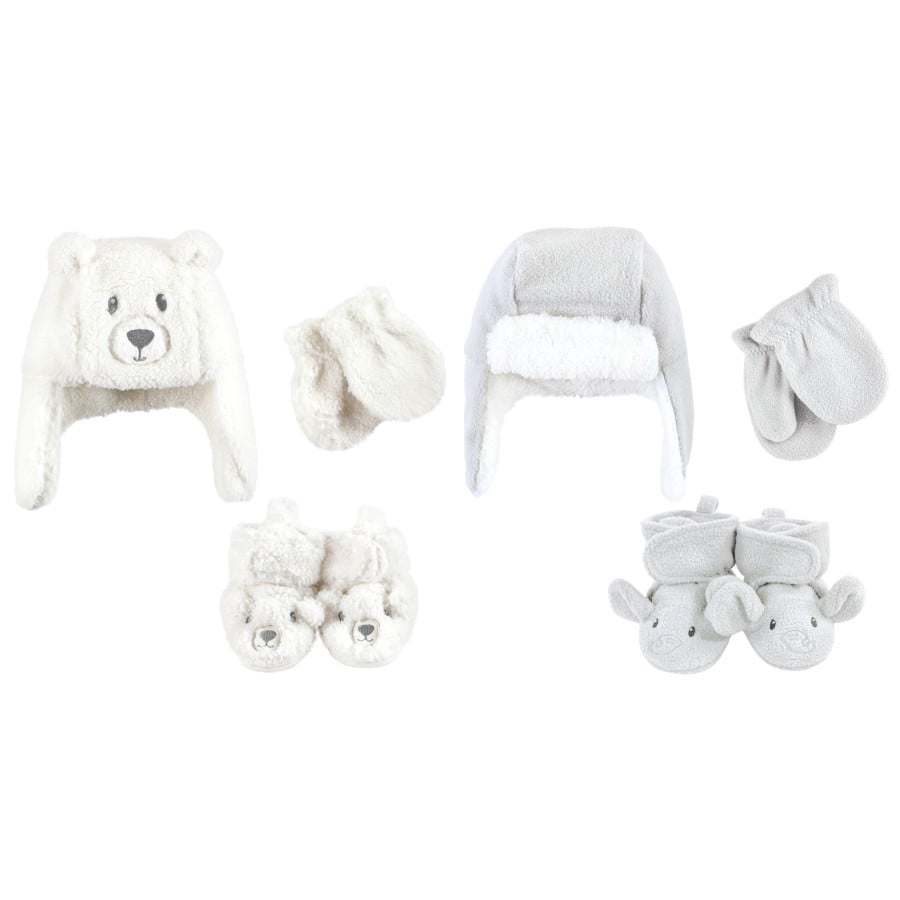 Hudson Baby Toddler 6pc Trapper Hat, Mitten and Bootie Set, Cream Bear Gray Elephant, 18-24 Months