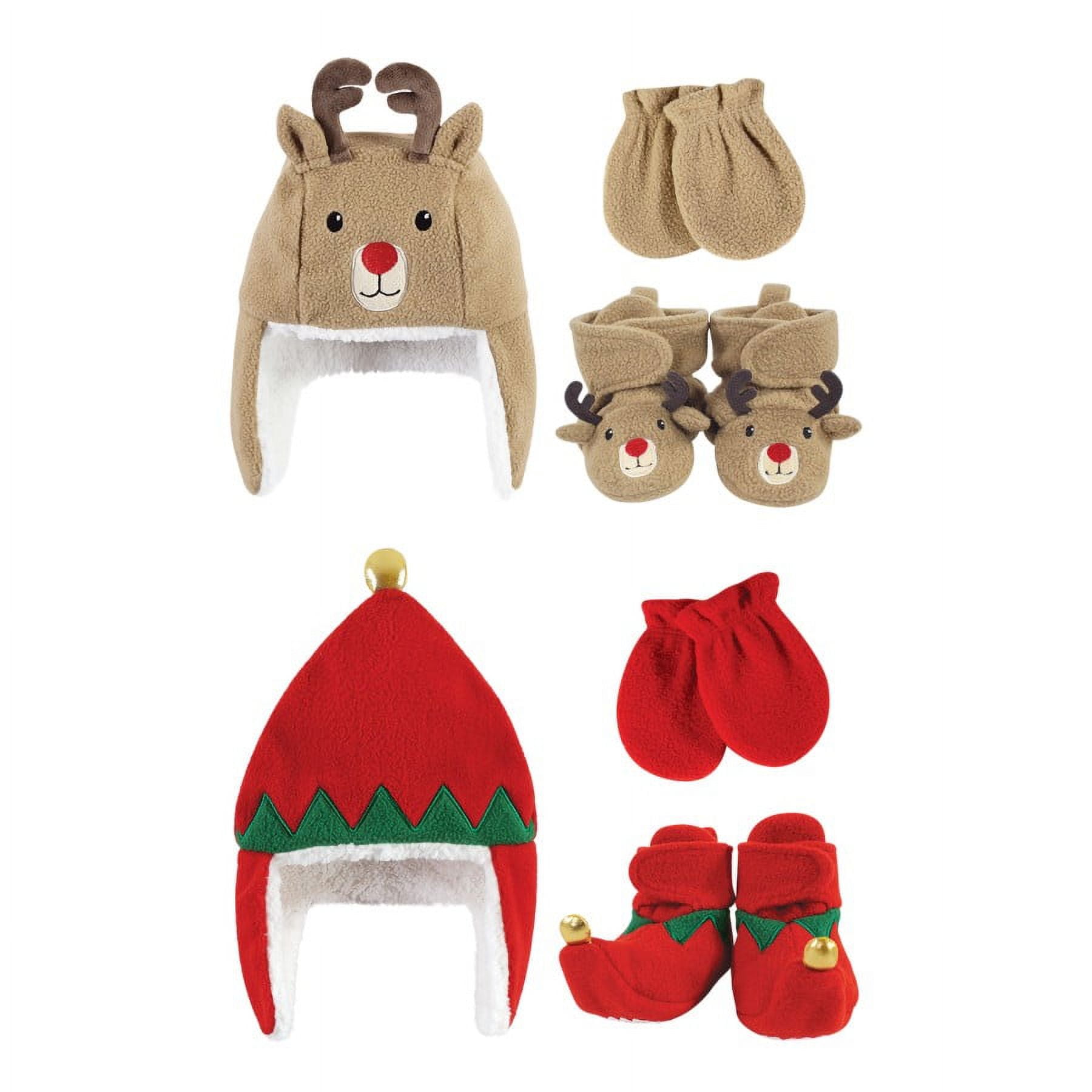 Hudson Baby Toddler 6pc Trapper Hat, Mitten and Bootie Set, Red Elf Reindeer, 12-18 Months