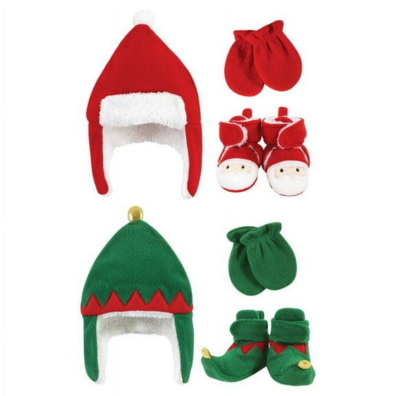 Hudson Baby Toddler 6pc Trapper Hat, Mitten and Bootie Set, Santa Green Elf, 18-24 Months