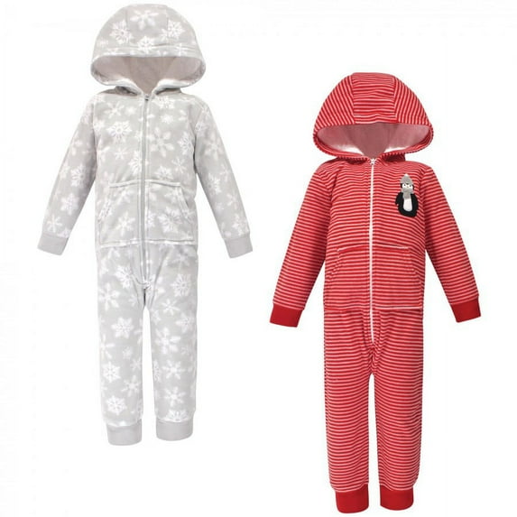 Hudson Baby Toddler Fleece Jumpsuits, Coveralls, and Playsuits 2pk, Red Penguin, 3 Toddler