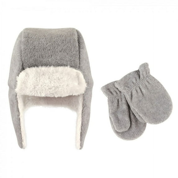 Hudson Baby Toddler Fleece Trapper Hat and Mitten 2pc Set, Heather Gray, 18-24 Months