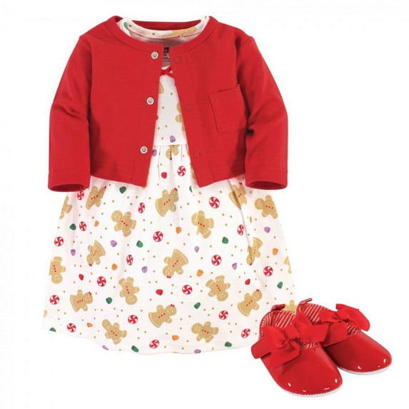 Hudson Baby Toddler Girl Cotton Dress, Cardigan and Shoe 3pc Set, Sugar Spice, 12-18 Months