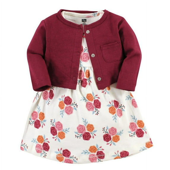 Hudson Baby Toddler Girl Cotton Dress and Cardigan Set, Autumn Rose, 12-18 Months