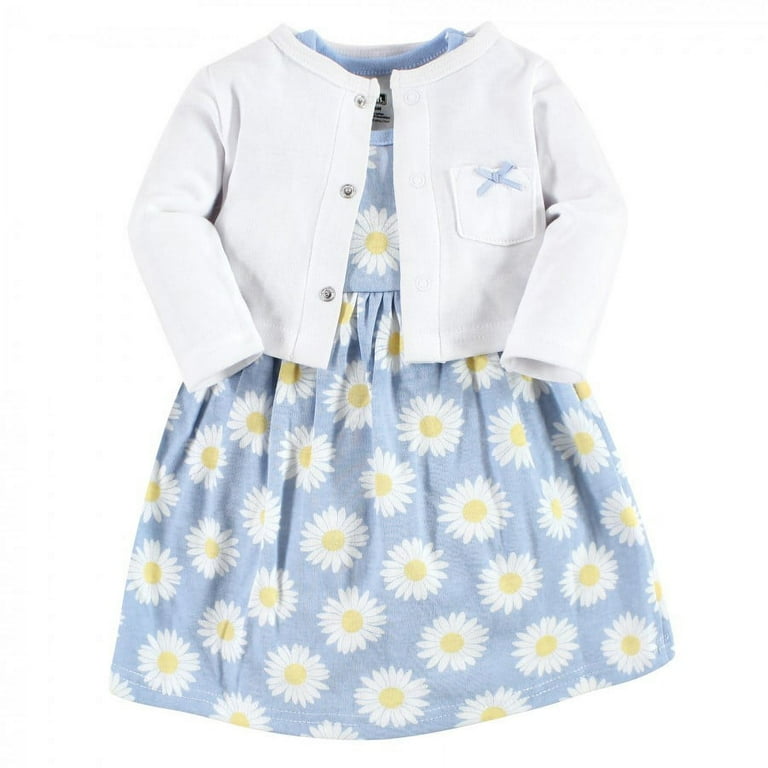 Hudson Baby Toddler Girl Cotton Dress and Cardigan Set, Blue Daisy