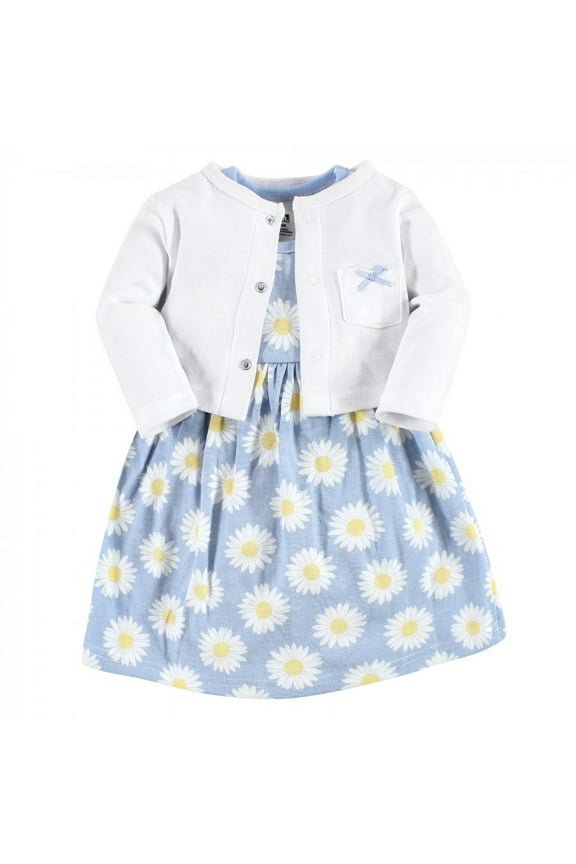 Toddler Girl Cotton Dress and Cardigan Set, Blue Daisy, 3 Toddler