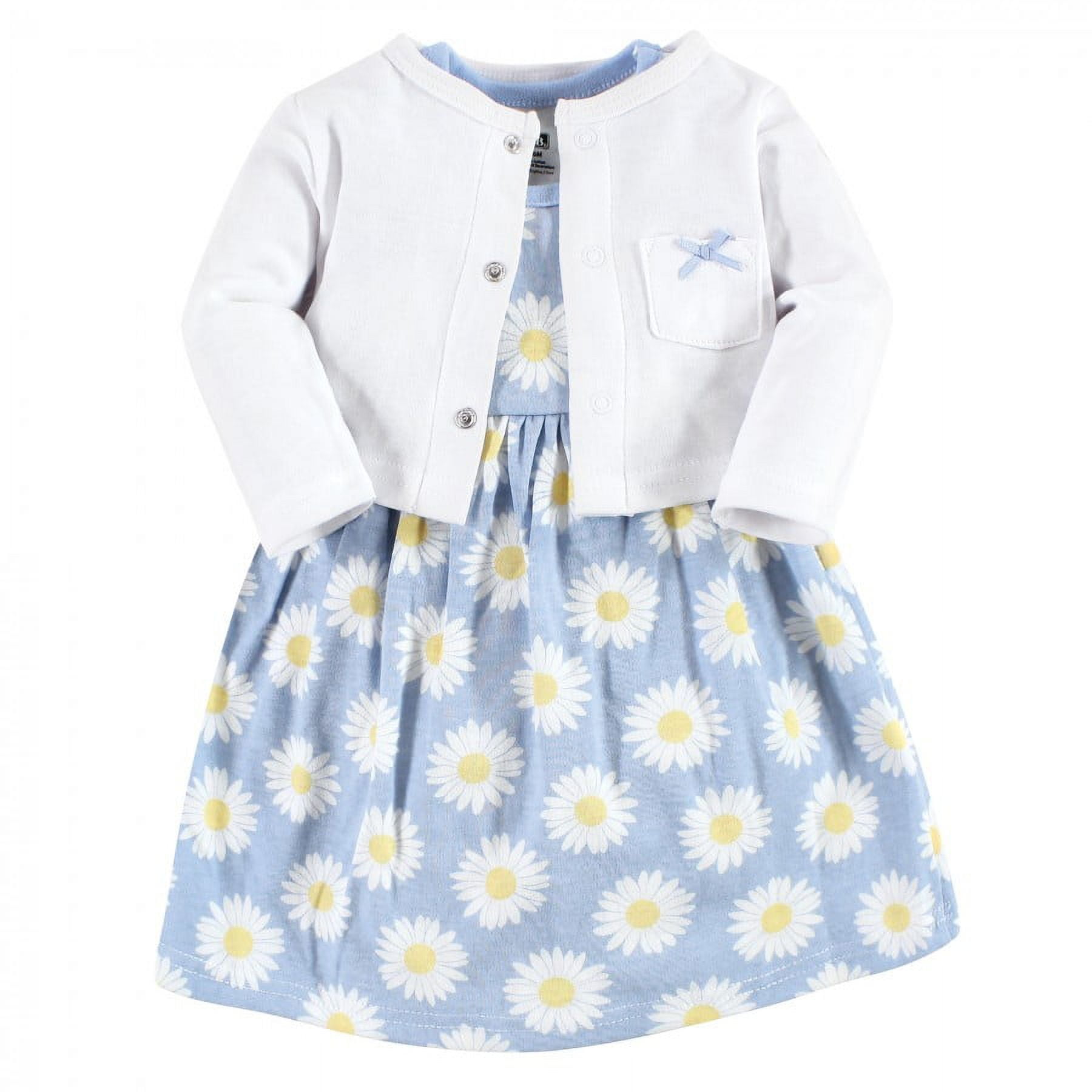 Hudson Baby Toddler Girl Cotton Dress and Cardigan Set, Blue Daisy, 5